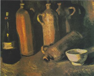 Nature morte avec quatre cruches, bouteille et bol blanc